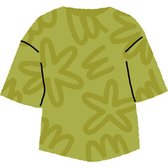 Green T Shirt with Abstract Yellow Flower Pattern and Black Trim Isolated on Transparent Background