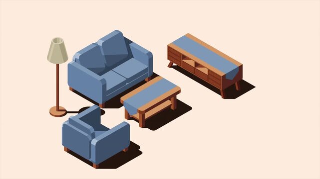 Isometric living room animation. Living room interior. Room includes sofa, table, tv, plants and other furniture. Isometric home furniture. 4K video animated in isometric style