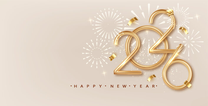 2026 Happy New Year greeting card template with luxury golden numbers. Realistic confetti and warm congratulations
