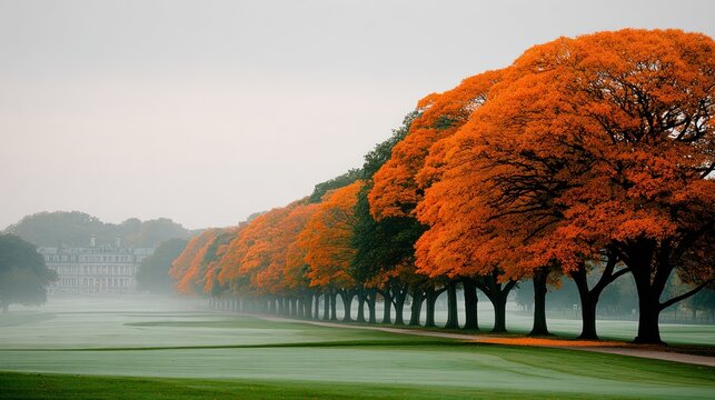 Misty morning long row of vibrant orange autumn trees lines a green field, distant building