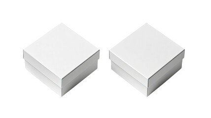 Two closed, white, small square boxes, isometric view, black background