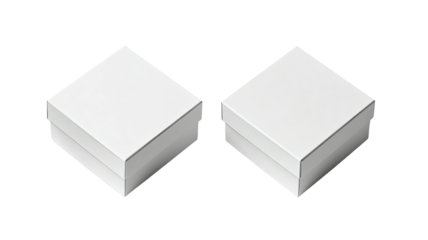 Two closed, white, small square boxes, isometric view, black background