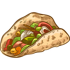 Hand Drawn Illustration of a Freshly Made Taco Filled with Vibrant Vegetables and Meats on a Transparent Background