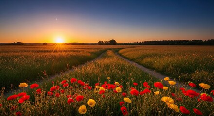 Sunset over a field of poppies with a path leading into the distance.