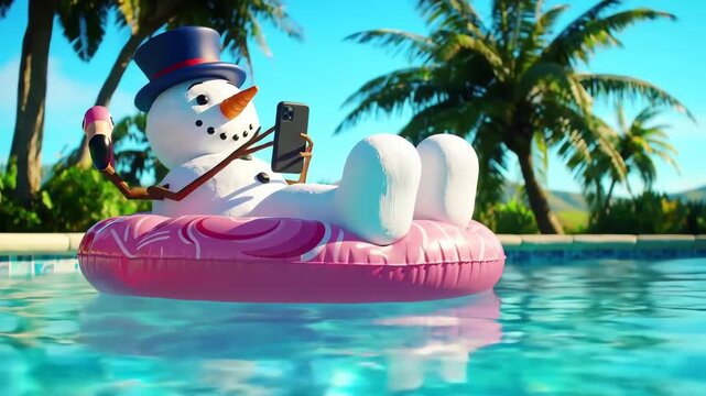 Snowman enjoying summer vacation in the pool, relaxing on a flamingo floatie while using his phone under palm trees in a tropical paradise