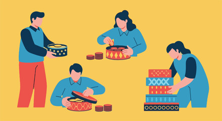 Joyful individuals diligently prepare and decorate a variety of colorful gift boxes for festive celebrations