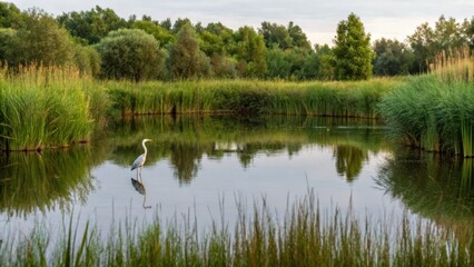 wetlands bird tour A serene wetland scene featuring a heron standing in reflective water surrounded by lush greenery.