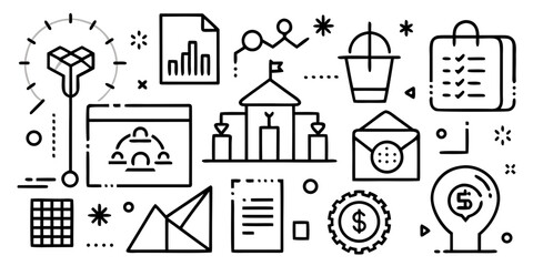 Business and Administration Line Icons Set — Minimalist Vector Collection with Time Management, Analytics, and Financial Innovation Symbols