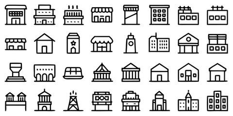 Building Line Icons Set — Minimalist Vector Collection of Shops, Houses, Offices, and Architectural Structures