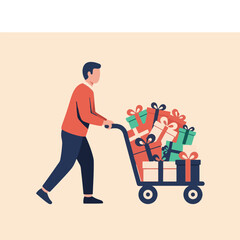 Shopper pushing an overflowing cart of colorful gifts, signifying successful holiday season retail and thoughtful present purchases