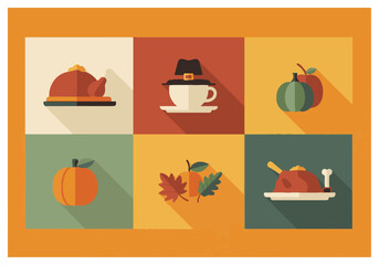 Vibrant flat design collection featuring essential autumn harvest celebration items and traditional festive food