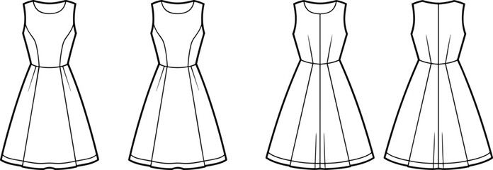 cad drawing flat vector illustration, women sleeveless dress design, fit and flare fashion template, front and back technical sketch design