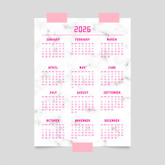 Calendar for 2026 year on poster mockup with marble pattern