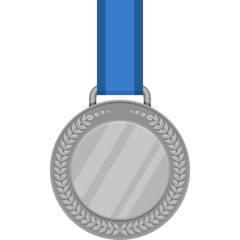Silver medal with blue ribbon and laurel wreath decoration isolated on white background for award ceremony