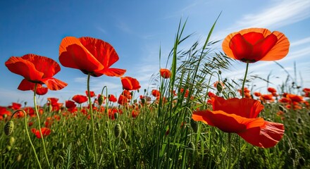 Vibrant Red Poppy Field Under a Bright Blue Sky on a Sunny Day.