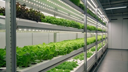 food security solutions Indoor vertical farming with rows of fresh, vibrant greens under artificial light.