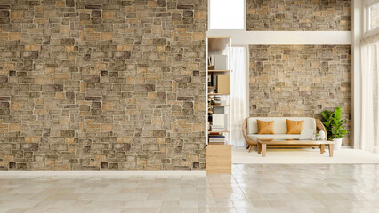 Brown bricks wall mural and shiny tiles floor in a modern house's living room or building's lounge. © bongkarn