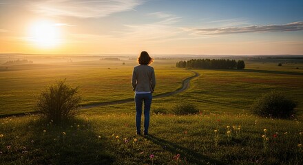 Contemplative woman admiring the serene morning sunrise over a vast green valley.