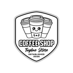 Kawaii cute coffee logo emblem vector design monochrome