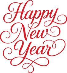 Elegant red Happy New Year calligraphy design with festive decorative swashes and modern typography on white background, stylish holiday greeting card illustration for celebration and decoration.