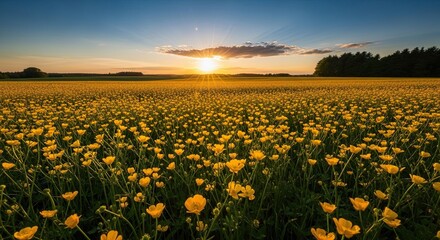 Golden Sunset Over a Vast Field of Yellow Buttercup Flowers.