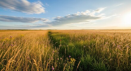 Golden Wheat Field Under a Blue Sky with Wispy Clouds.