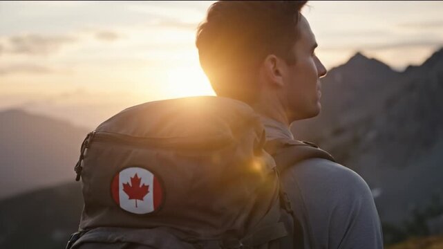 Man wearing a backpack with Canadian flag patch looks out over mountain landscape at sunset with soft light and distant peaks in background