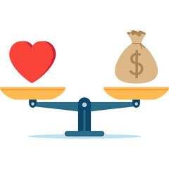 Illustration of a red heart and a money bag on a balanced scale representing the choice between love and wealth in life decisions