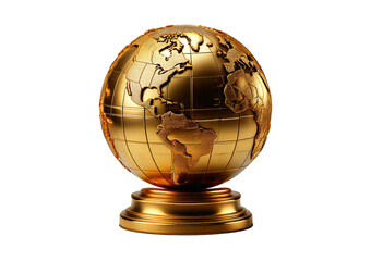 3D golden globe trophy featuring a world map on a pedestal. Perfect for global awards, isolated on transparent or white background