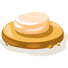 Illustration of a single beige macaron cookie on a golden brown plate with small dark specks on a white background