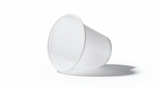 Tilted, clear, empty plastic cup on white surface