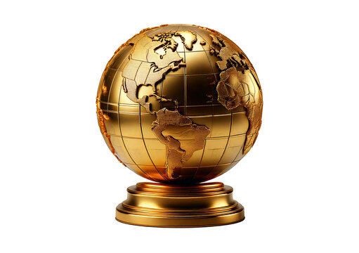 3D golden globe trophy featuring a world map on a pedestal. Perfect for global awards, isolated on transparent or white background