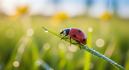 Ladybug on a Blade of Grass with Morning Dew Drops in a Sunny Field.