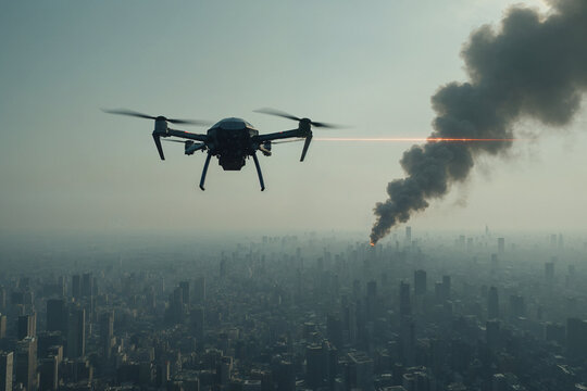 Dron militar sobre ciudad en ataque a&eacute;reo