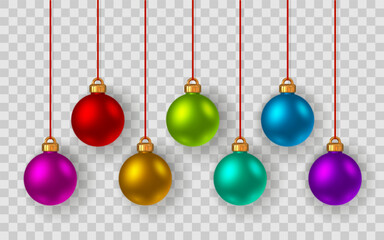 Obraz premium Colorful Christmas Baubles Hanging On Transparent Background. Shiny Glass Ornaments For Holiday Decoration, Celebration, And New Year Design. Vector Illustration