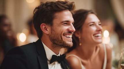 Joyful couple laughing at an elegant celebration. Represents happiness, special occasions, relationships, and shared moments. Suitable for event or wedding planning.