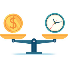 Illustration of A Balance Scale Weighing A Gold Coin Against A Clock Representing The Concept Of Time Is Money With A Transparent Background