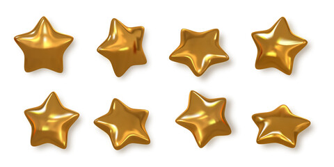 Golden 3D Star Icons Set With Shiny Metallic Surface On White Background. Luxury Award, Celebration, and Holiday Decoration Concept. Vector Illustration