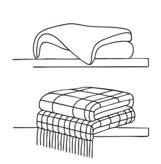 line sketch blanket and plaid, white and black different textures on the shelves on white background