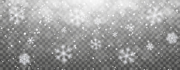 Snowflake Background With Falling White Particles On Dark Transparent Effect. Elegant Winter Holiday Backdrop For Christmas And New Year Design. Vector Illustration