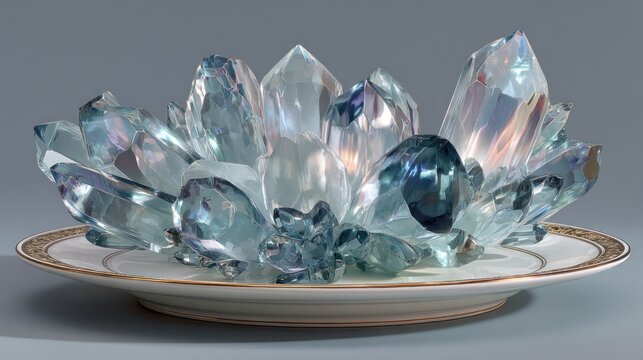 Sparkling iridescent blue and clear faceted crystal cluster on a gilded plate