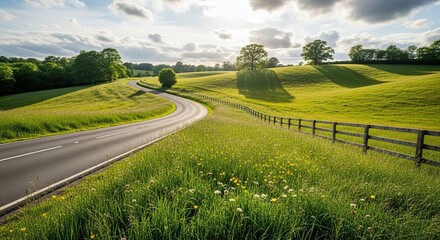 Scenic Country Road Through Rolling Green Hills on a Sunny Day.