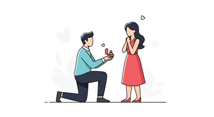 A romantic marriage proposal concept, a young man on one knee with a ring asking his surprised girlfriend to marry him