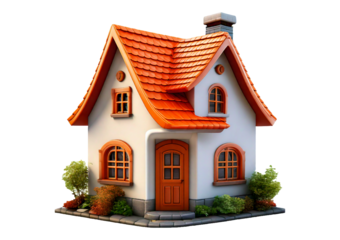Cute 3D cartoon house with a white body, orange roof, and rounded windows. A charming. isolated on transparent or white background