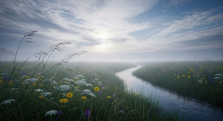 Serene River Landscape with Fog and Wildflowers at Dawn.