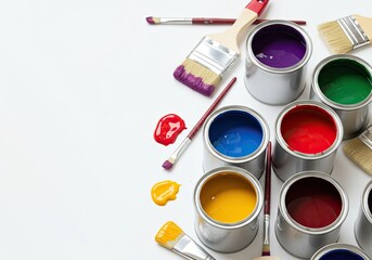 Colorful paint cans and brushes art supplies on a white background with space for text