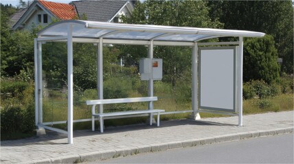 Modern bus shelter with a white metal frame transparent roof and seating area located on a sidewalk in a suburban area du daytime