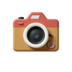 3D orange and yellow vintage camera icon with white lens ring and button