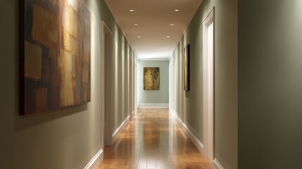 Fototapeta premium Vibrant modern hallway interior with artwork and warm lighting