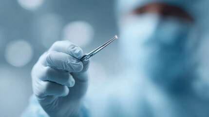 A gloved hand holds tiny object with tweezers, representing precision. Ideal for science, technology, microelectronics, or medicine concepts. Cleanroom aesthetic.